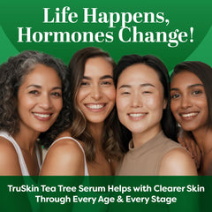 TruSkin serum on bathroom shelf as part of morning routine promoting balanced, clearer-looking skin