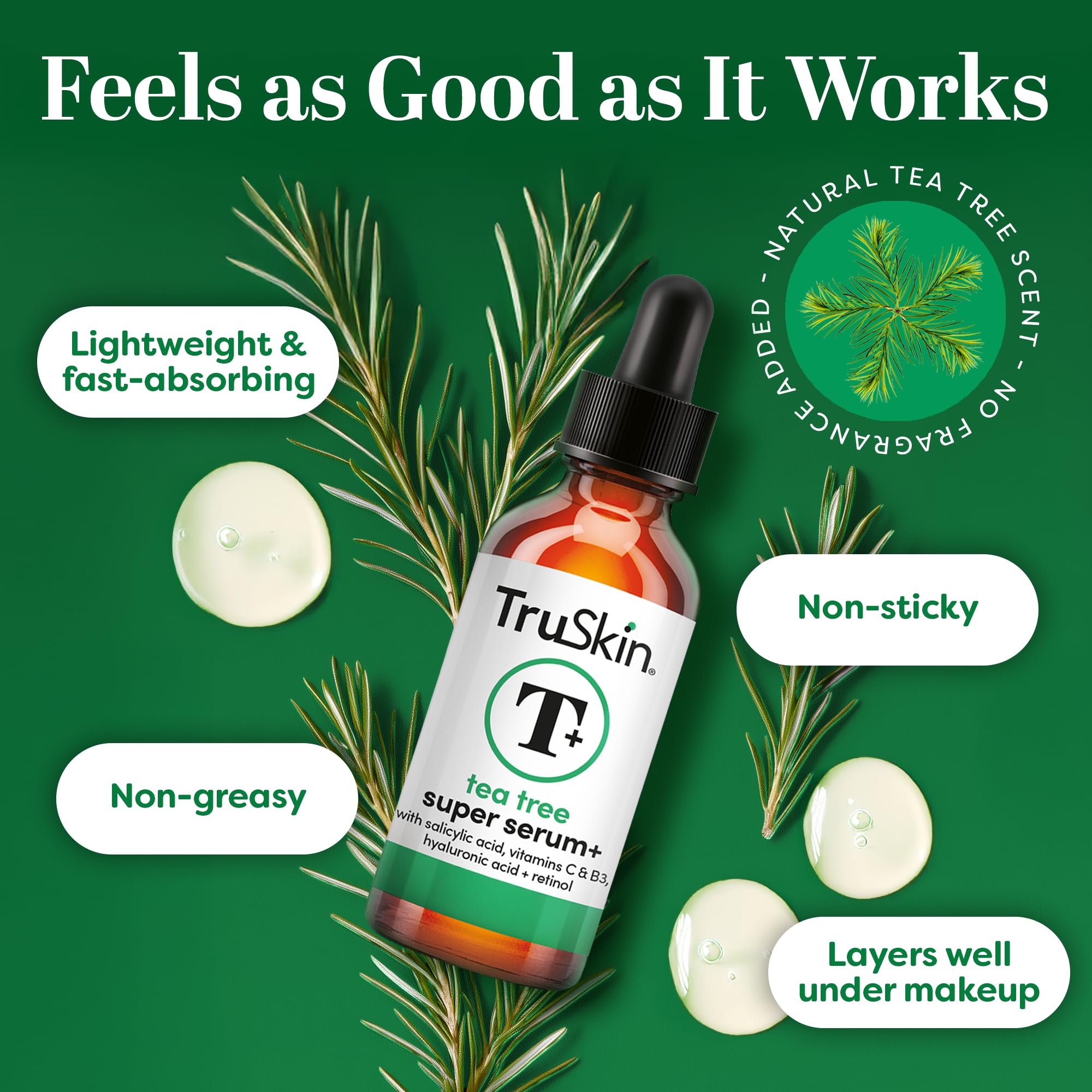 TruSkin serum texture on hand illustrating lightweight, non-greasy finish for comfortable layering
