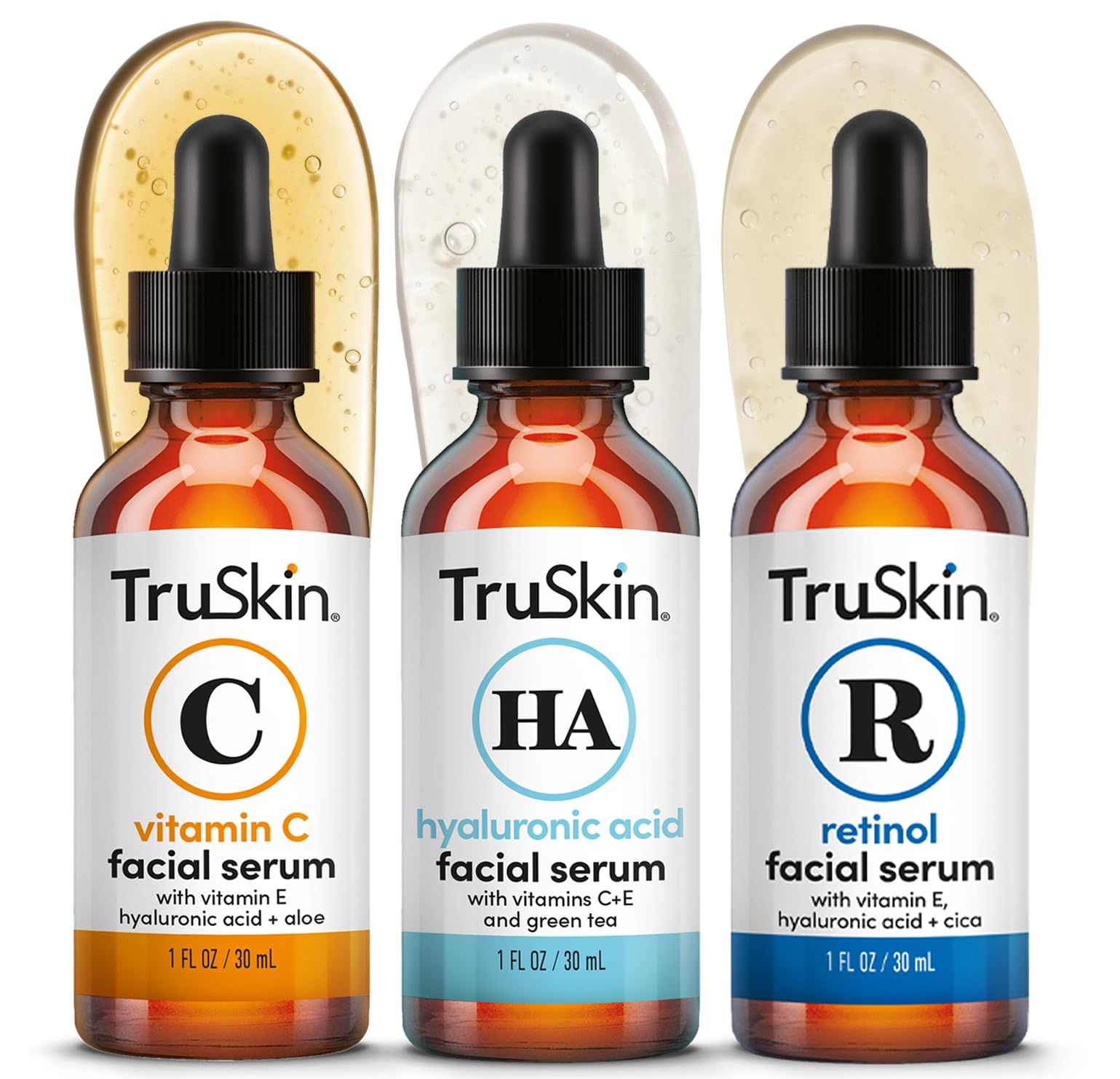 TruSkin trio front packaging showing three 1 fl oz serums, neat presentation benefits routine simplicity