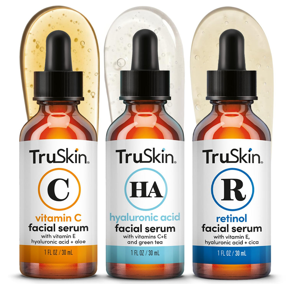 TruSkin trio front packaging showing three 1 fl oz serums, neat presentation benefits routine simplicity