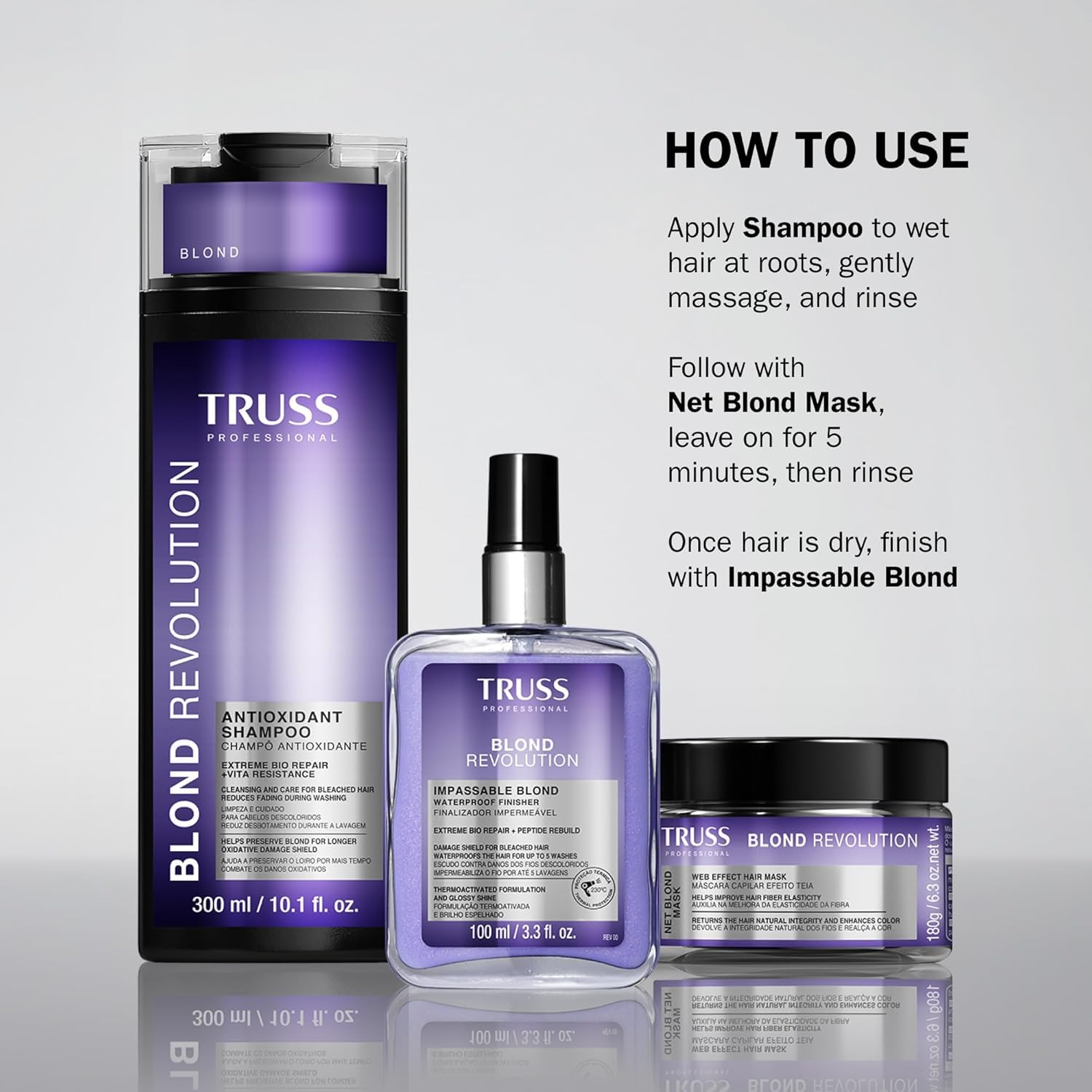 TRUSS applying mask to damp blonde hair, helps restore and strengthen strands