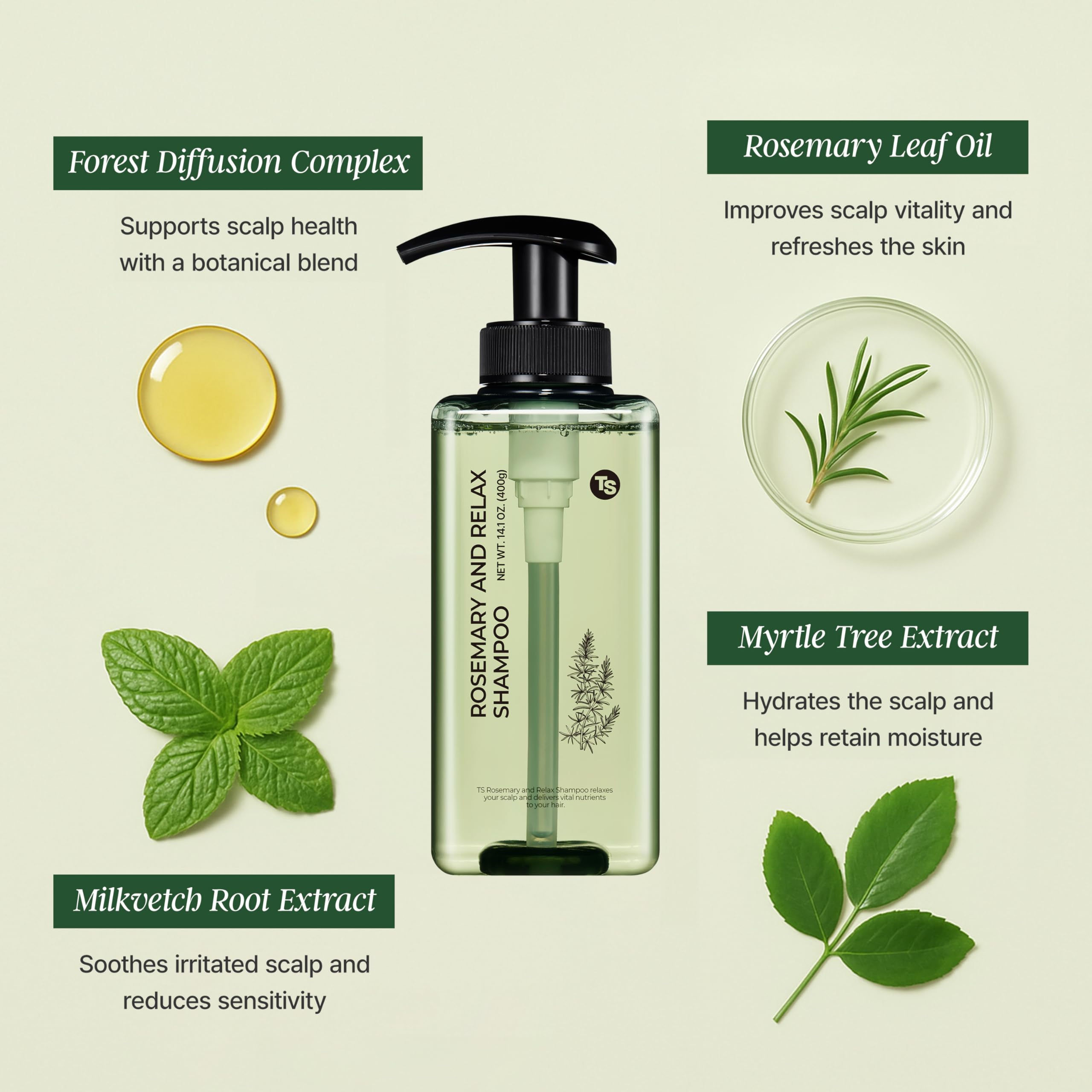 TS SHAMPOO rosemary oil droplet close-up highlighting concentrated botanical boost