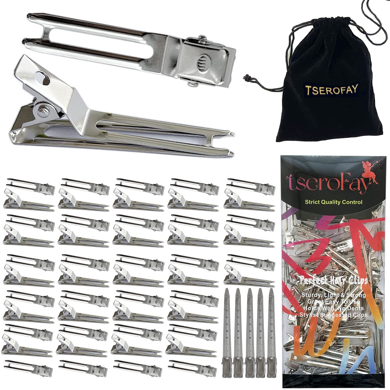 TSEROFAY front pack showing 55 silver metal hair clips and pouch, organized for travel