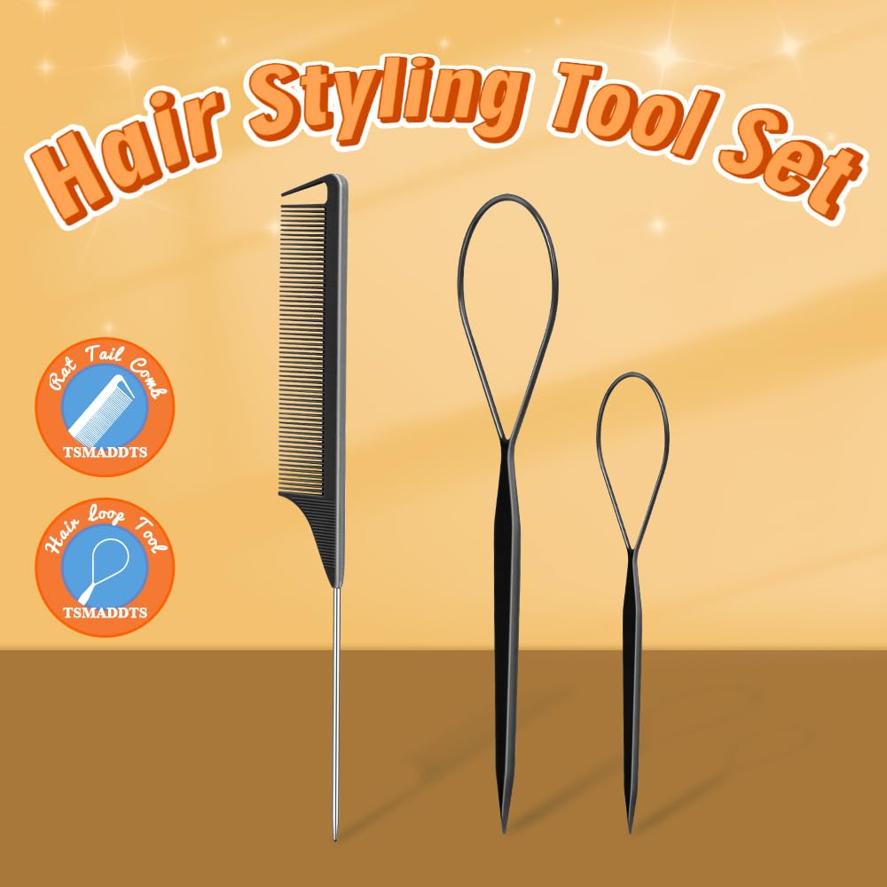TsMADDTs rat tail comb and tools arranged to show precise parting and braid assistance