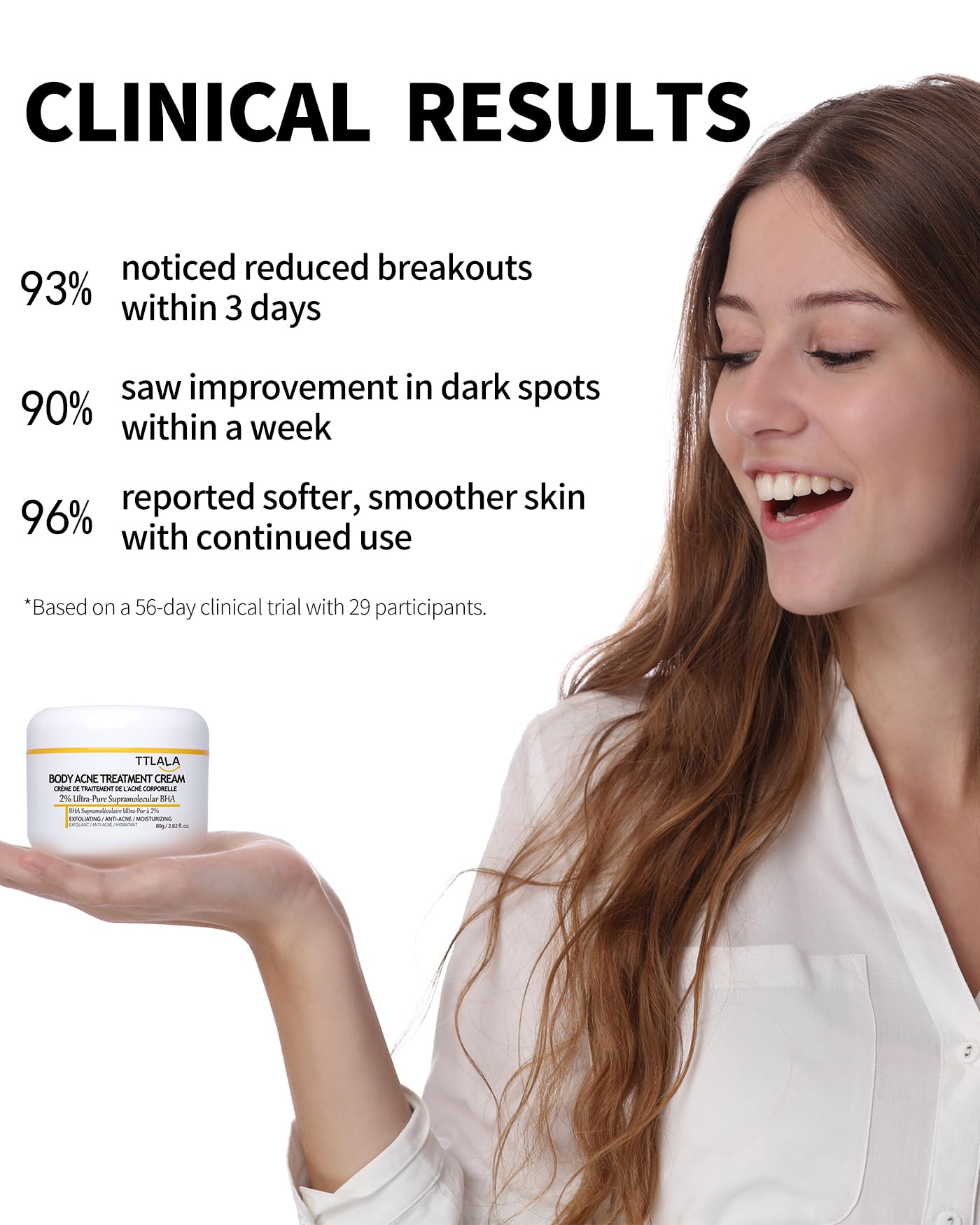 TTLALA applying cream to buttocks illustrating targeted acne care benefit