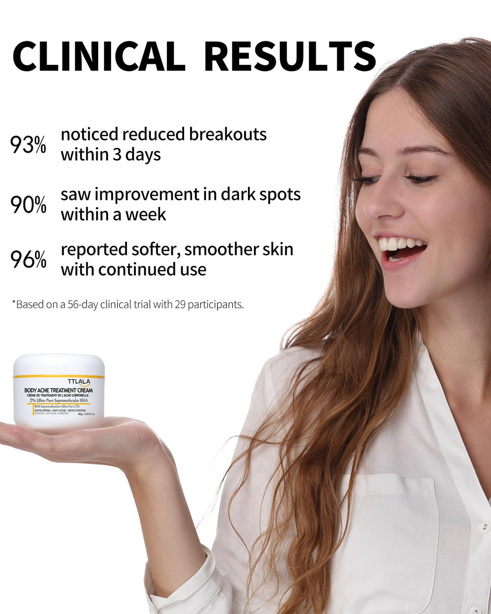 TTLALA applying cream to buttocks illustrating targeted acne care benefit