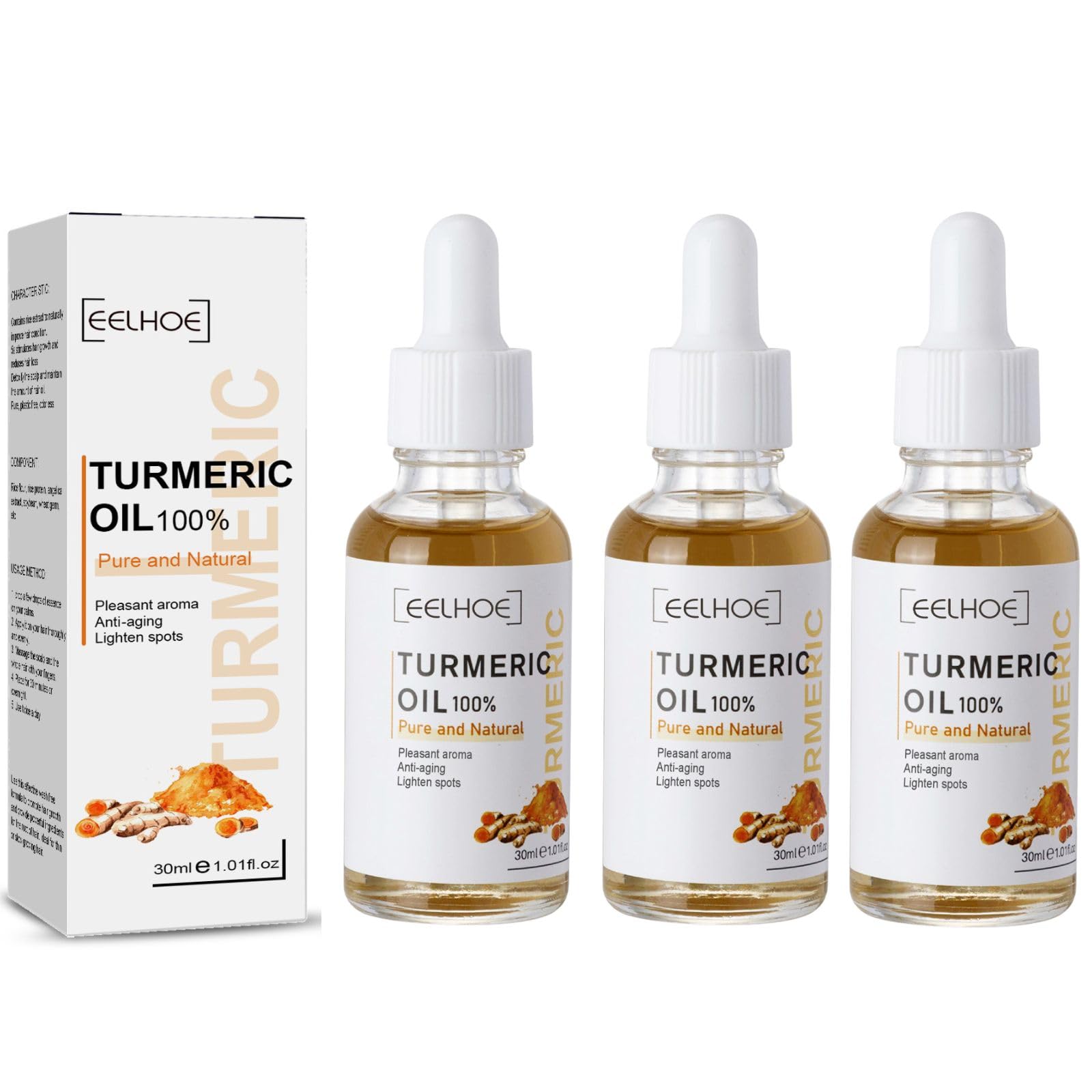 TTYRBF front view of three turmeric serum bottles highlights packaging and simplicity