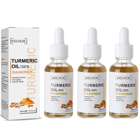 TTYRBF front view of three turmeric serum bottles highlights packaging and simplicity