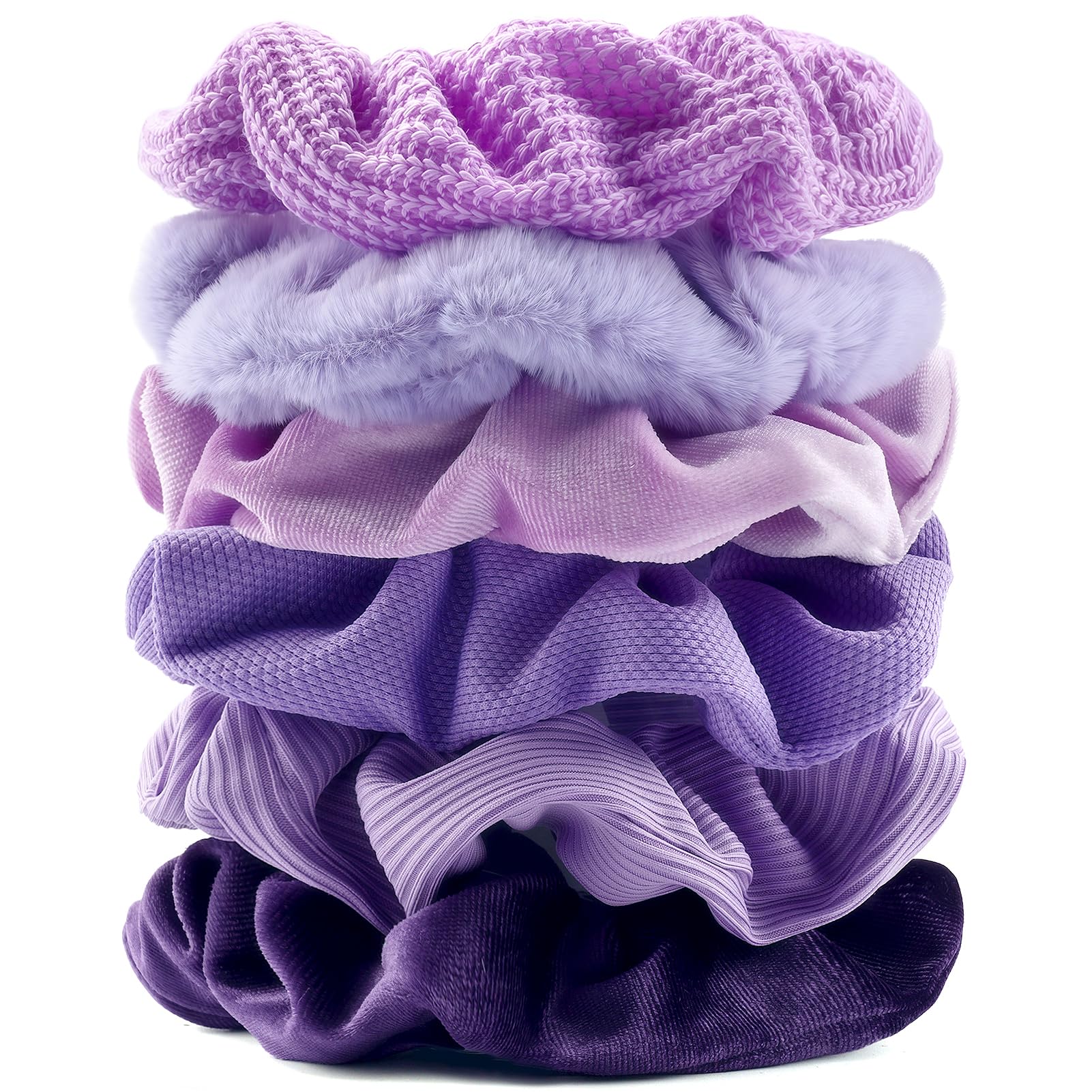 TUCEWP front packaging showing six purple scrunchies, clear assortment and value