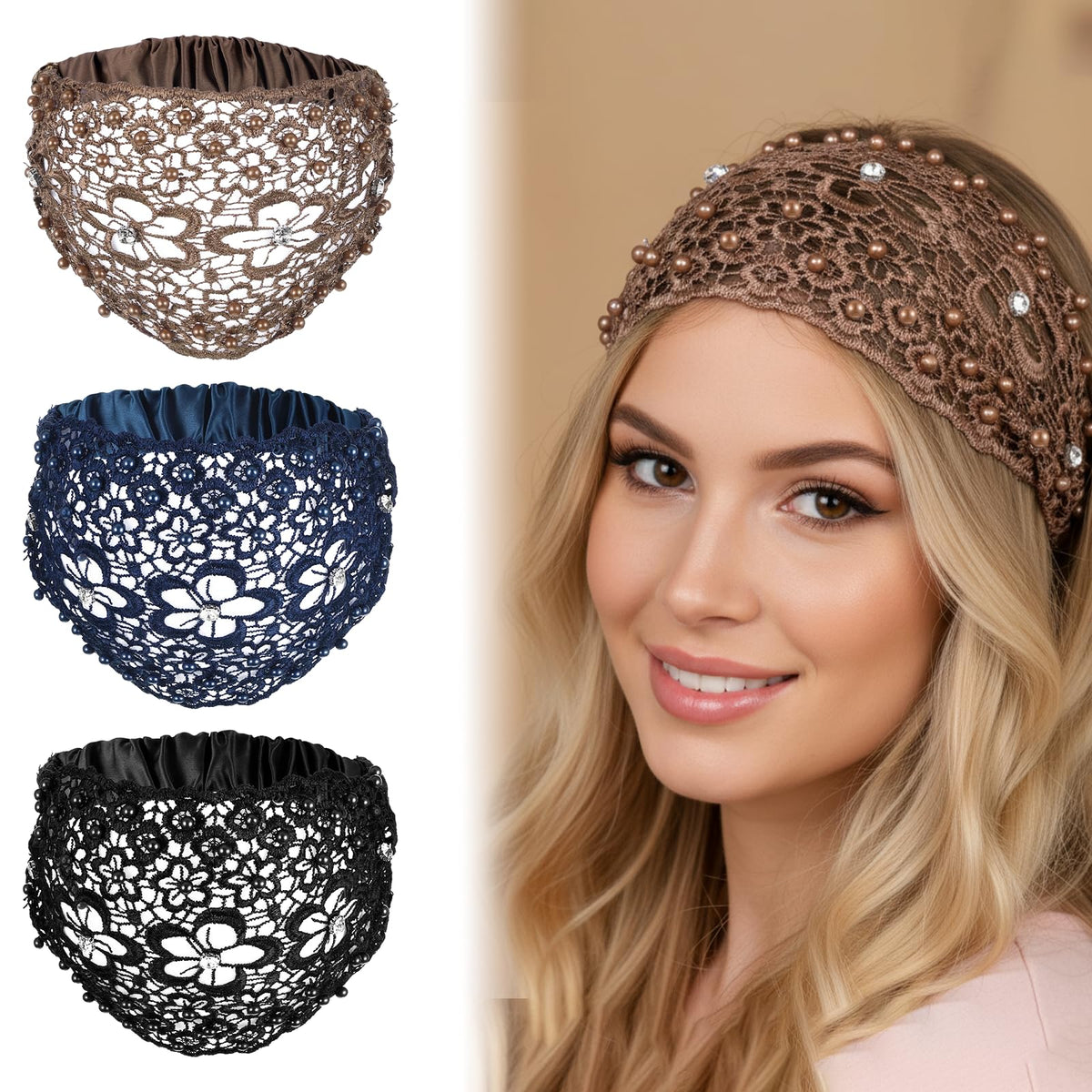 Tucnoeu front view of three wide boho headbands showing colors and packaging, stylish gifting benefit