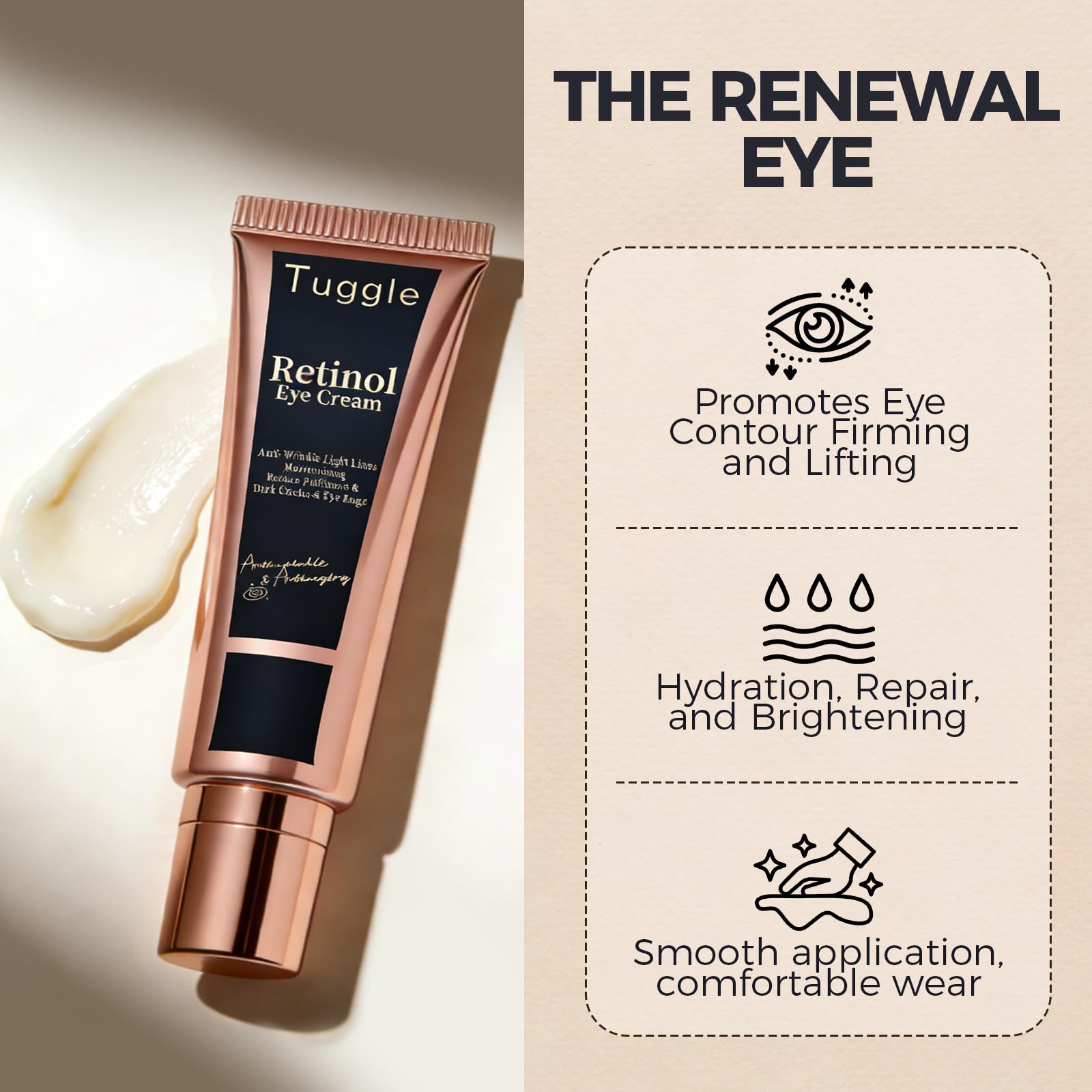 Applying Tuggle cream under eye demonstrating gentle application and smoothing effect