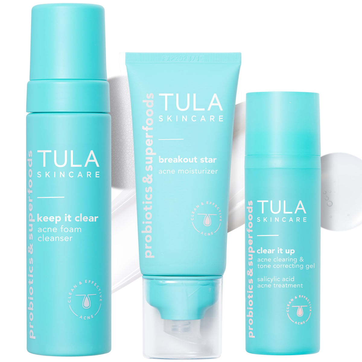 TULA front packaging showing complete acne-clearing kit with benefits