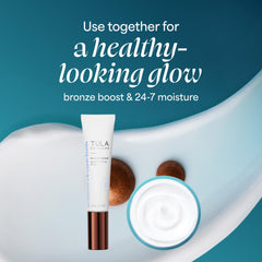 TULA ingredients flatlay with green tea and hyaluronic visuals for skin benefits