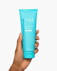 TULA foaming gel texture close-up illustrating gentle lather and soft cleanse
