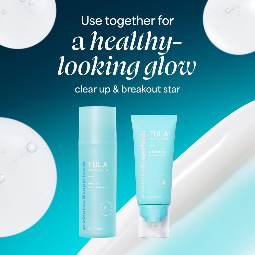 TULA Clear Up on bathroom shelf styled lifestyle shot suggesting daily-routine clarity benefit
