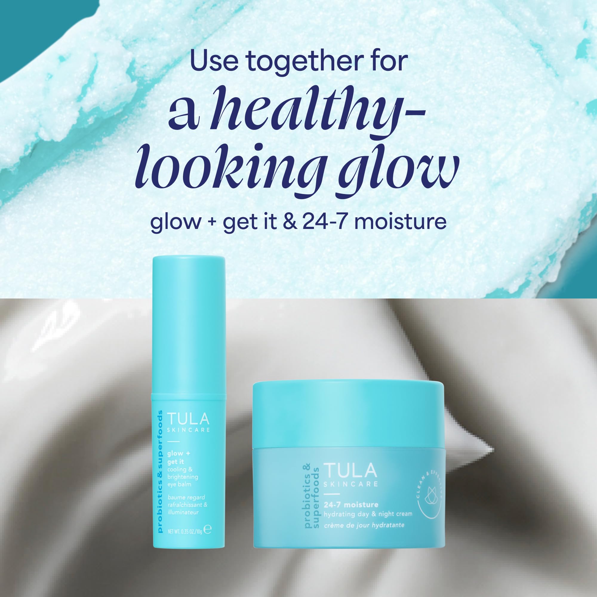 TULA eye balm ingredient panel highlighting hyaluronic acid and prebiotic benefits