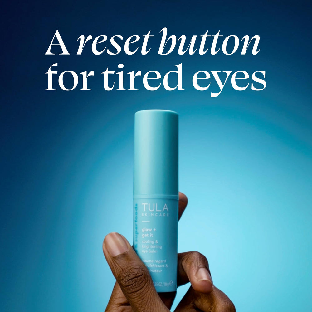TULA eye balm applied under eye showing brightening effect and reduced puffiness