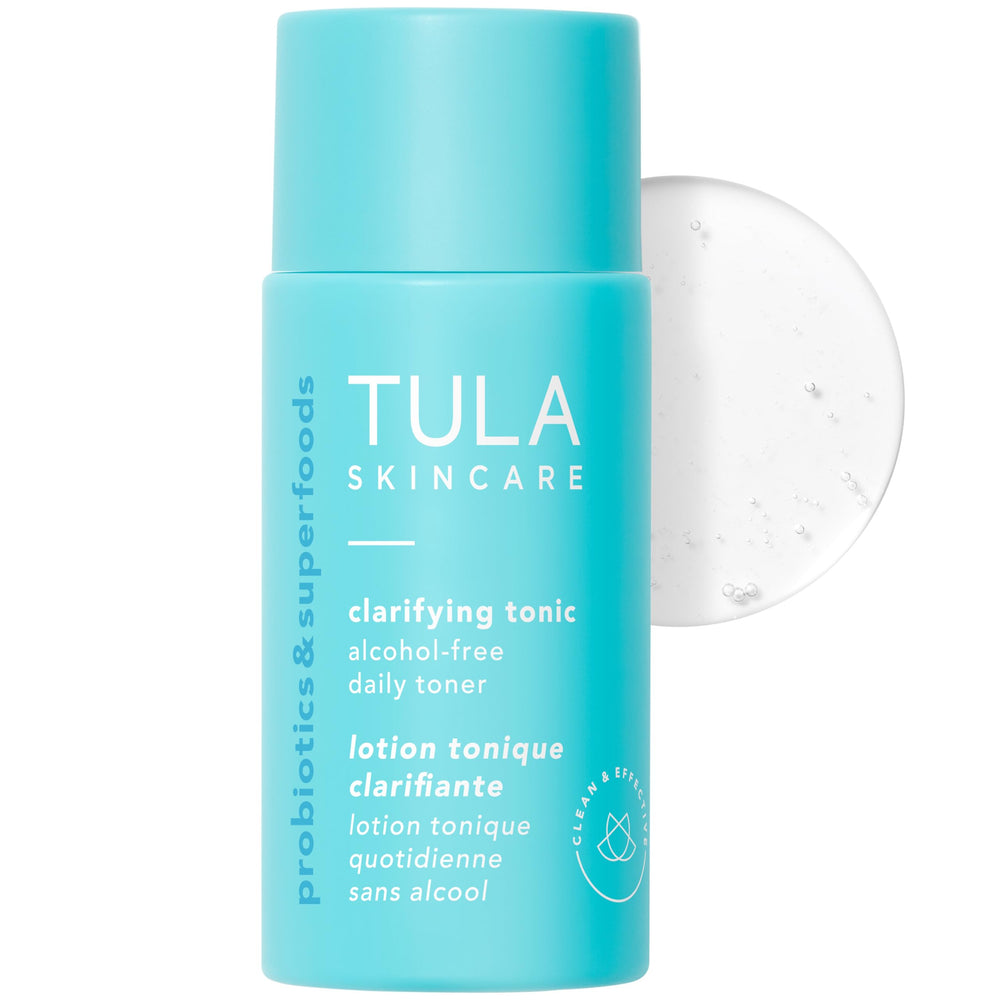 TULA mini clarifying tonic front bottle shows compact travel-friendly design and benefits