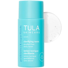 TULA mini clarifying tonic front bottle shows compact travel-friendly design and benefits