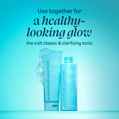 TULA mini clarifying tonic next to cleanser and serum flatlay showing layering benefit