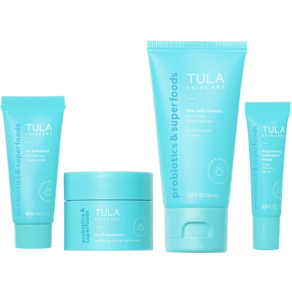 TULA on the go kit front packaging showing all four travel-size products and ease of packing
