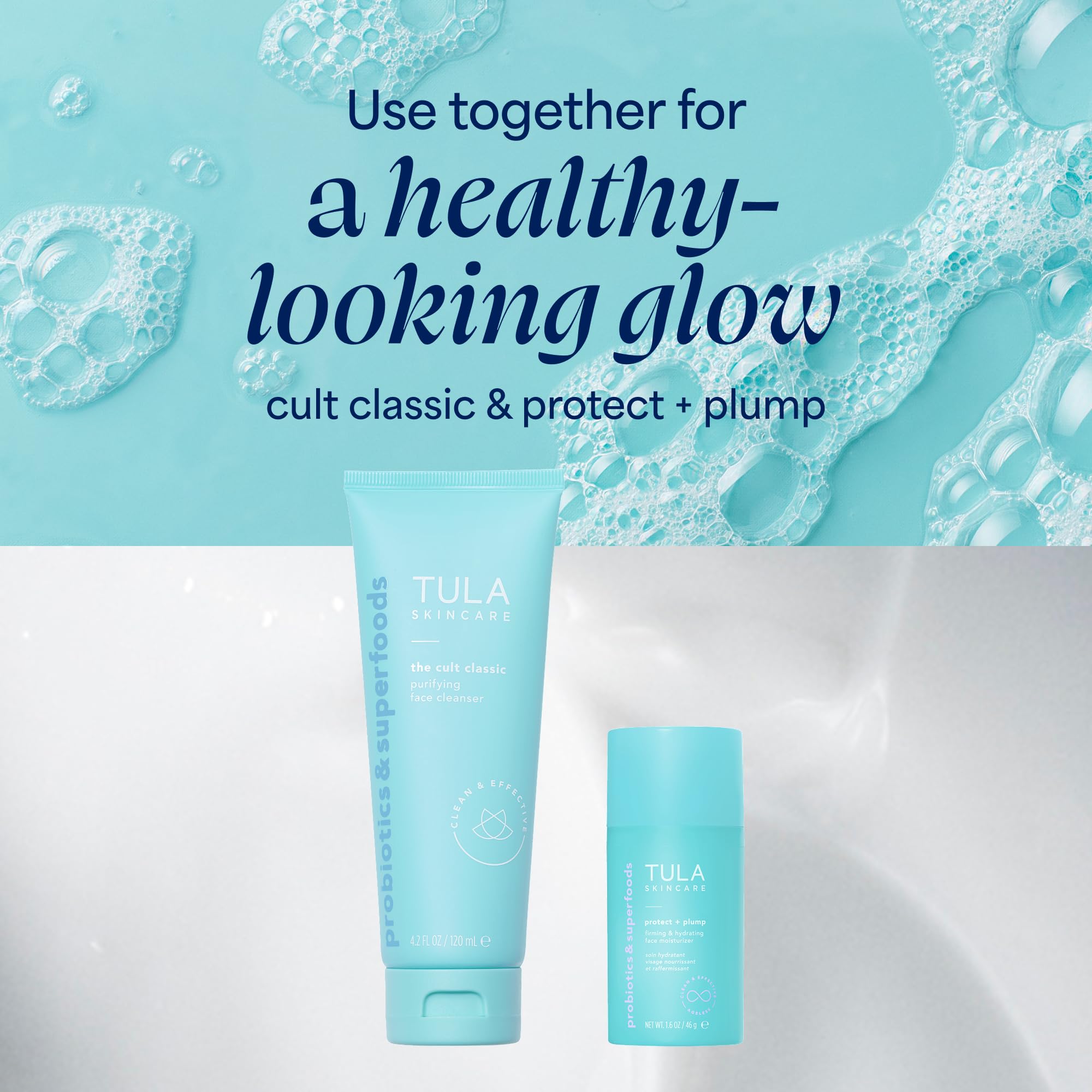 TULA on a bathroom shelf styled to show everyday skincare routine