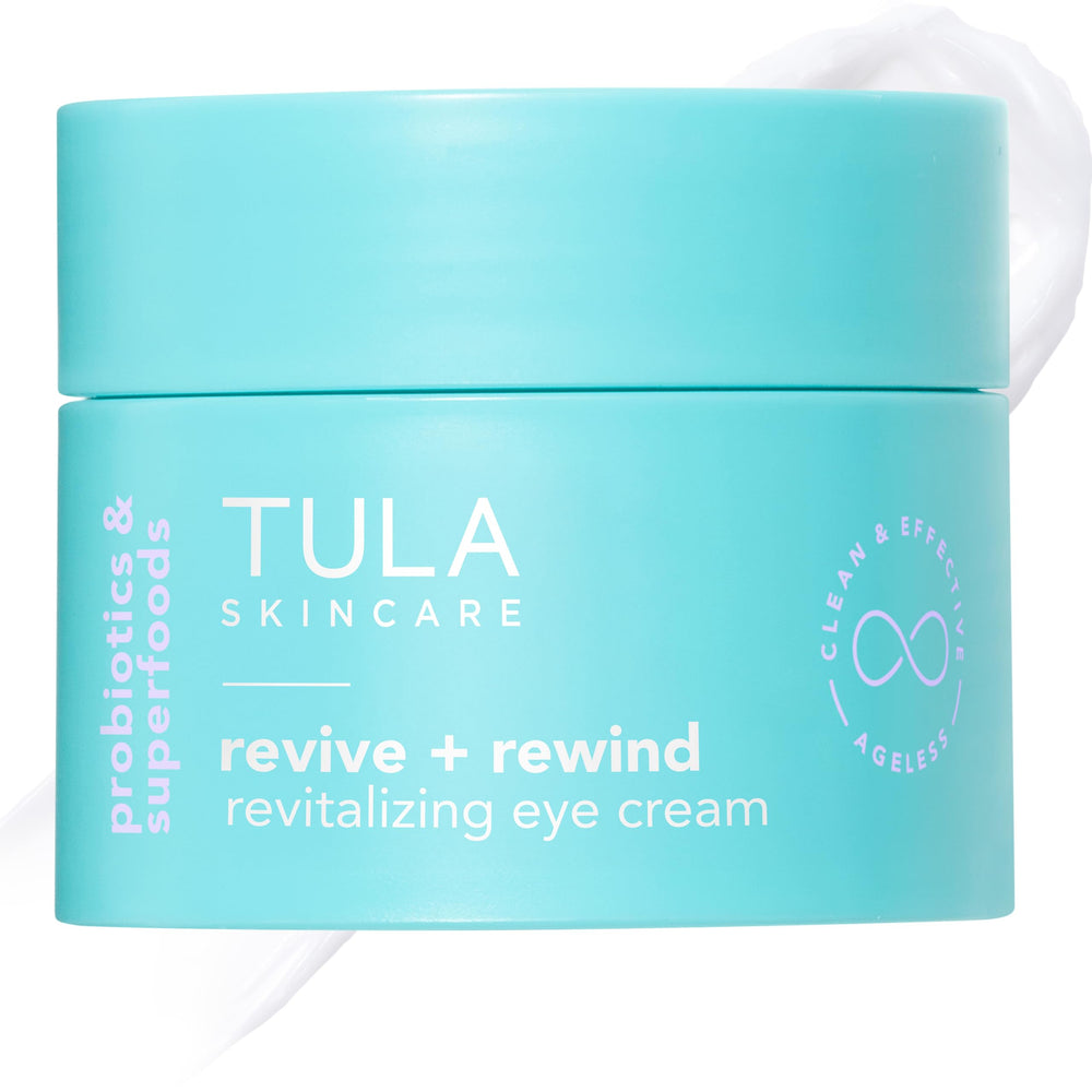 TULA front jar of Revive & Rewind eye cream showing product packaging and promise