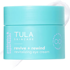 TULA front jar of Revive & Rewind eye cream showing product packaging and promise