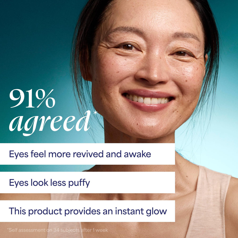Model demonstrating TULA Spresso Iced under-eye application for instant cooling and brightening