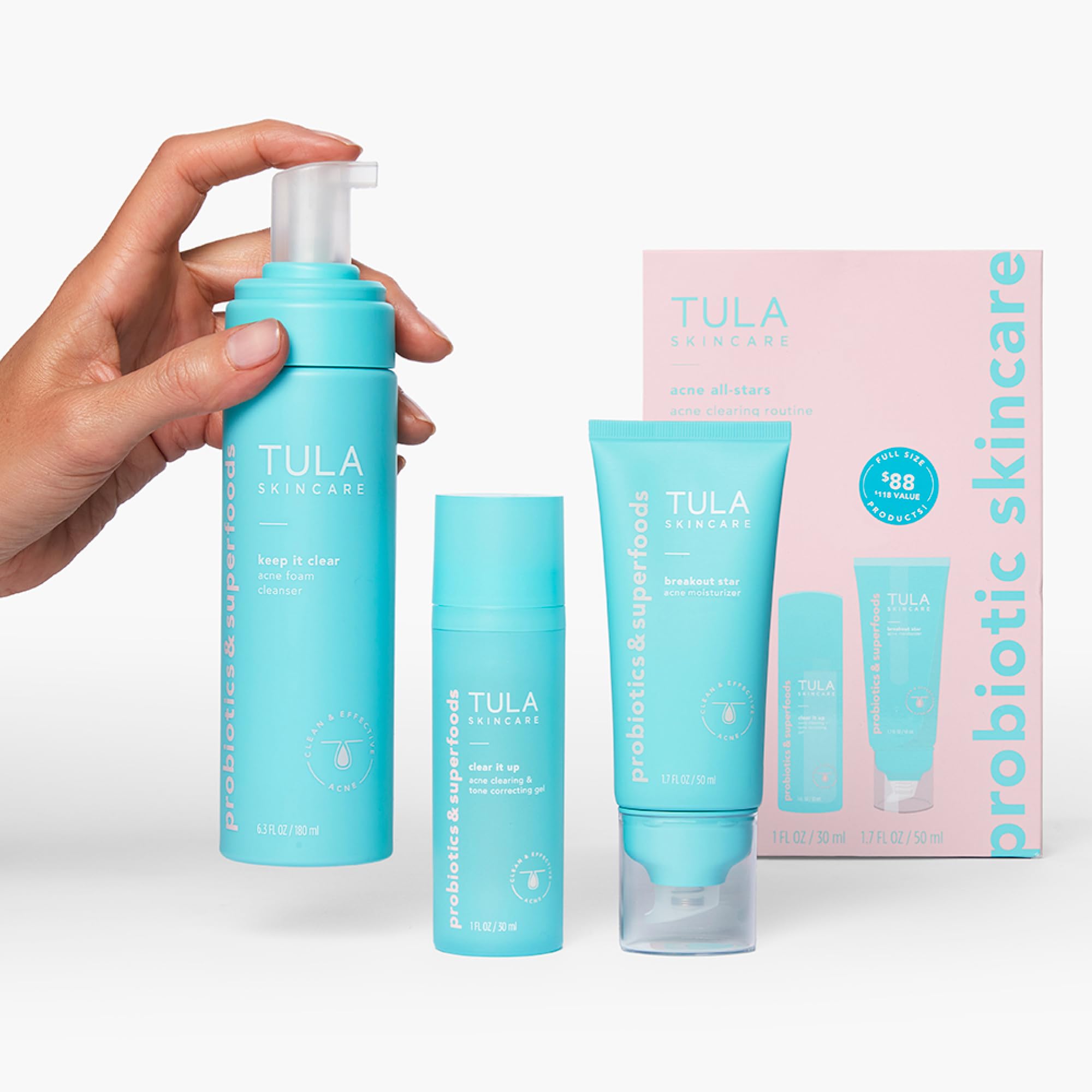 TULA three-piece kit flatlay communicating a complete daily regimen