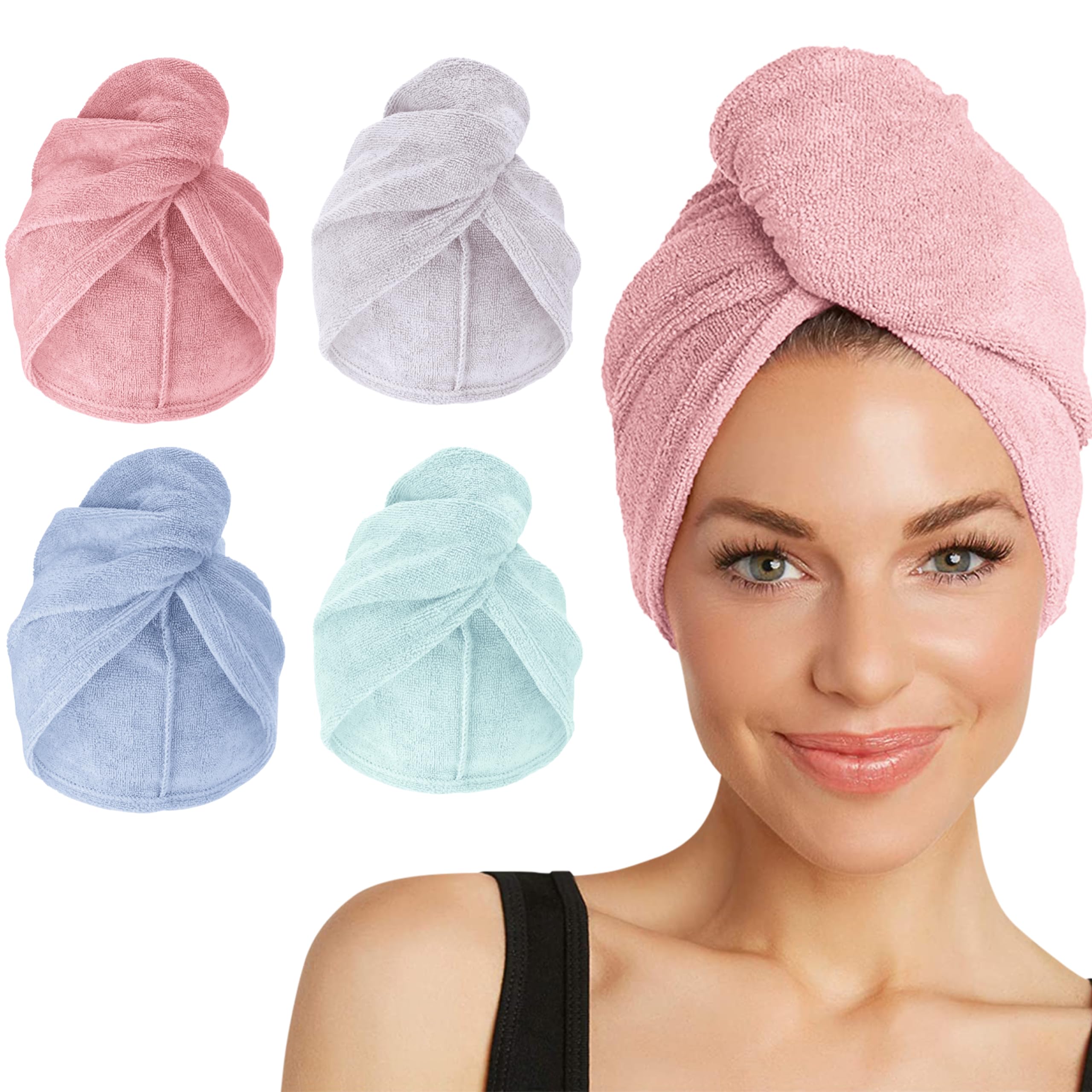 Turbie Twist color array showing four vibrant towels, quick-dry convenience