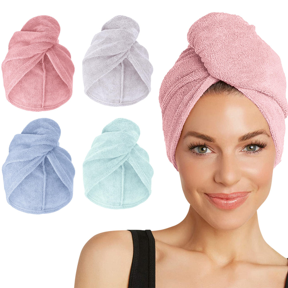 Turbie Twist color array showing four vibrant towels, quick-dry convenience