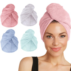 Turbie Twist color array showing four vibrant towels, quick-dry convenience