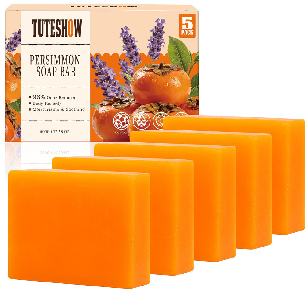 Tuteshow front packaging showing five persimmon deodorant bars for freshness