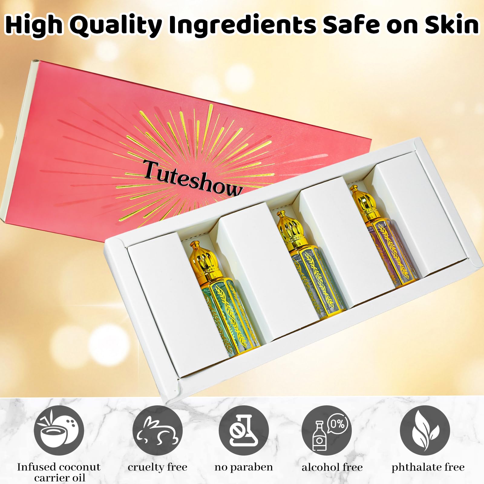Tuteshow label ingredients closeup showing alcohol-free formula and clean profile