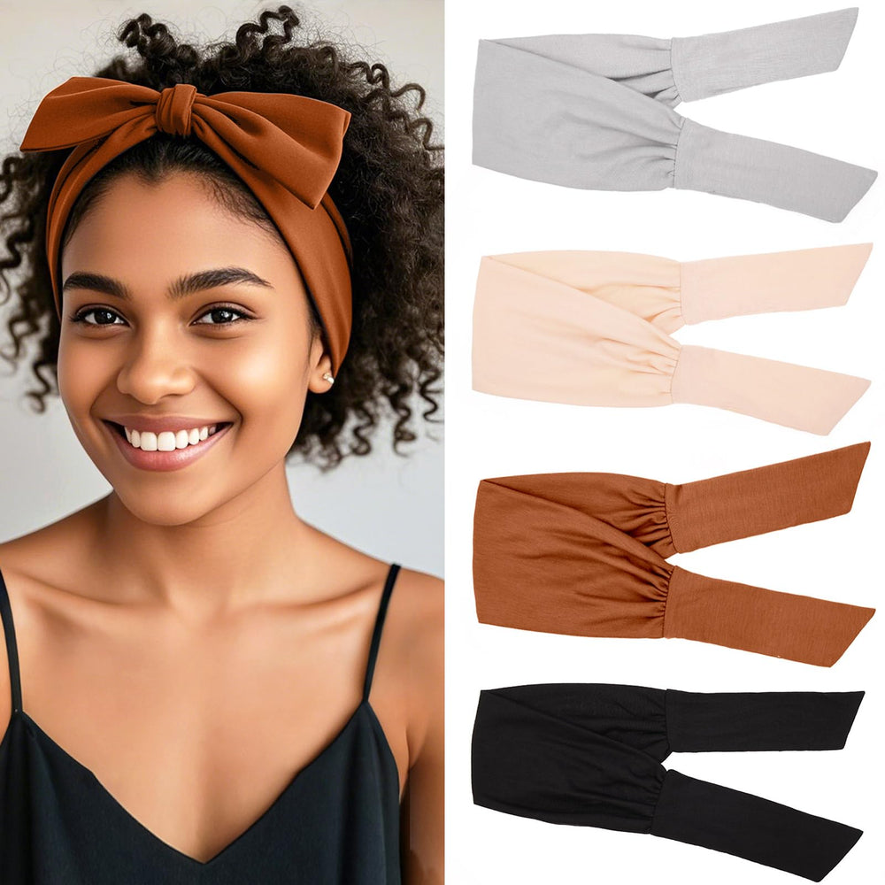 TuTive front view of four headbands showing colors and benefit of versatile styling