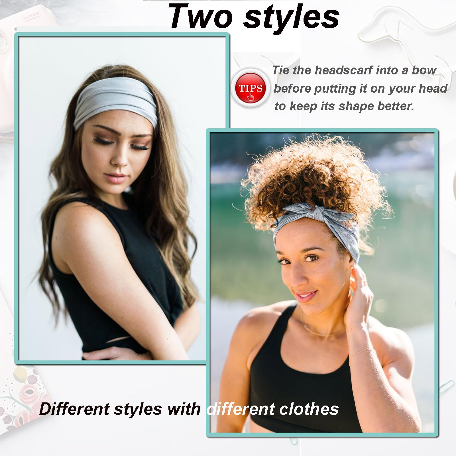TuTive headband knotted at front on model, secure hold and stylish look
