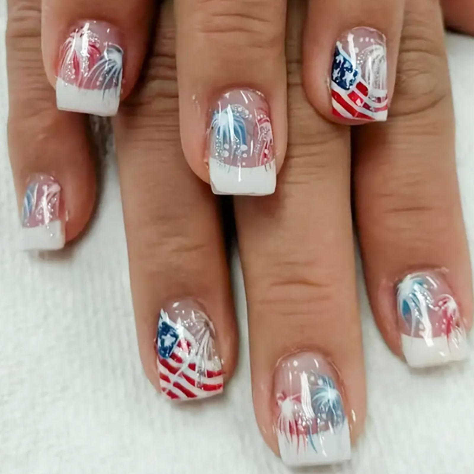 TUZANDW front packaging showing 24-piece patriotic press-on nails and ease