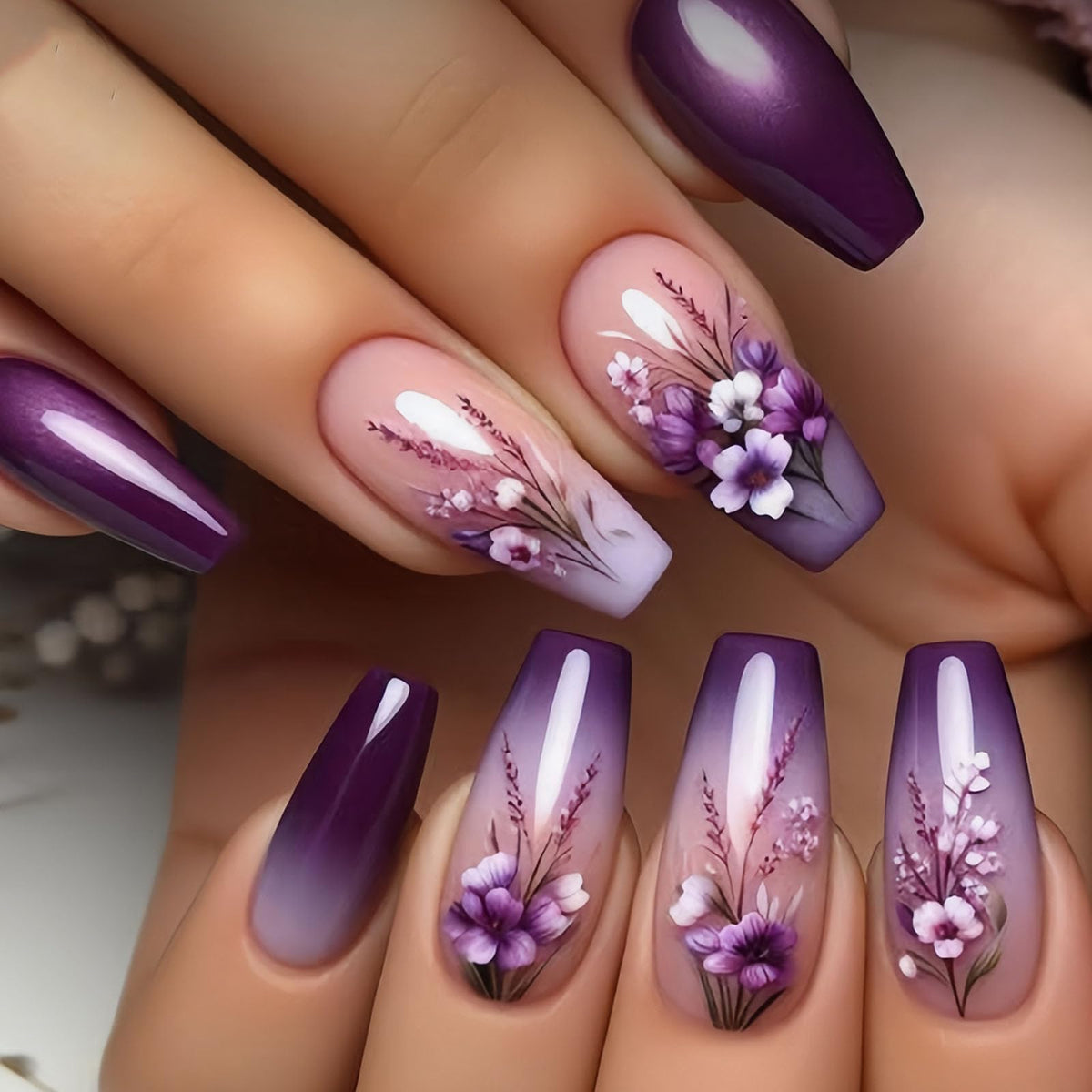 TUZANDW front packaging showing 24 purple coffin press-on nails and tools for convenience
