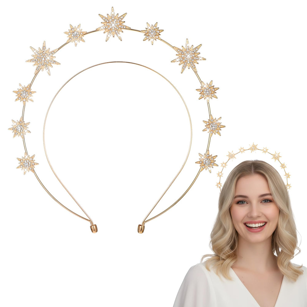 Tweruna gold halo front view showing star arrangement and elegant silhouette benefit: instant focal accessory