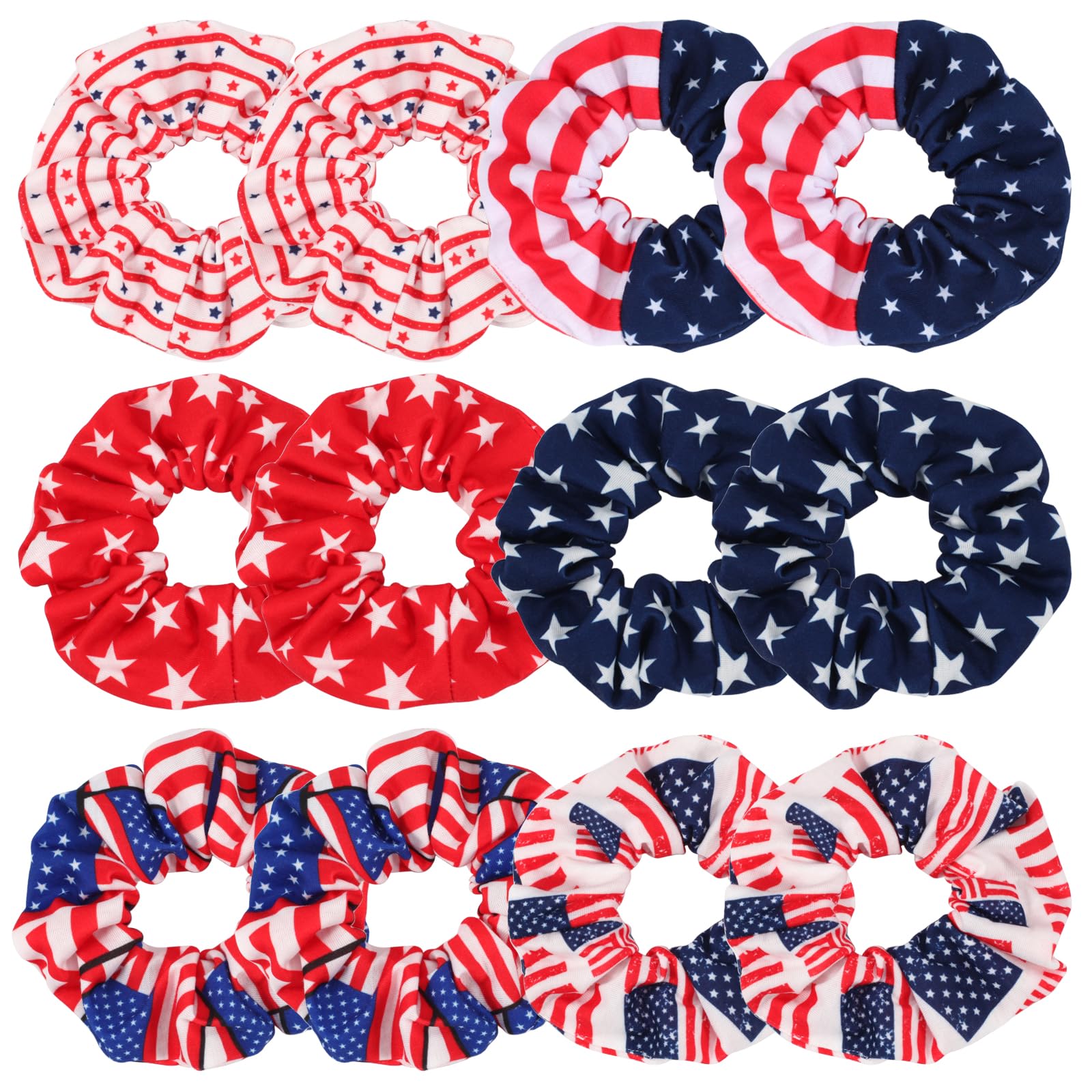 Twinfree front display of 12 patriotic scrunchies showing variety and convenience