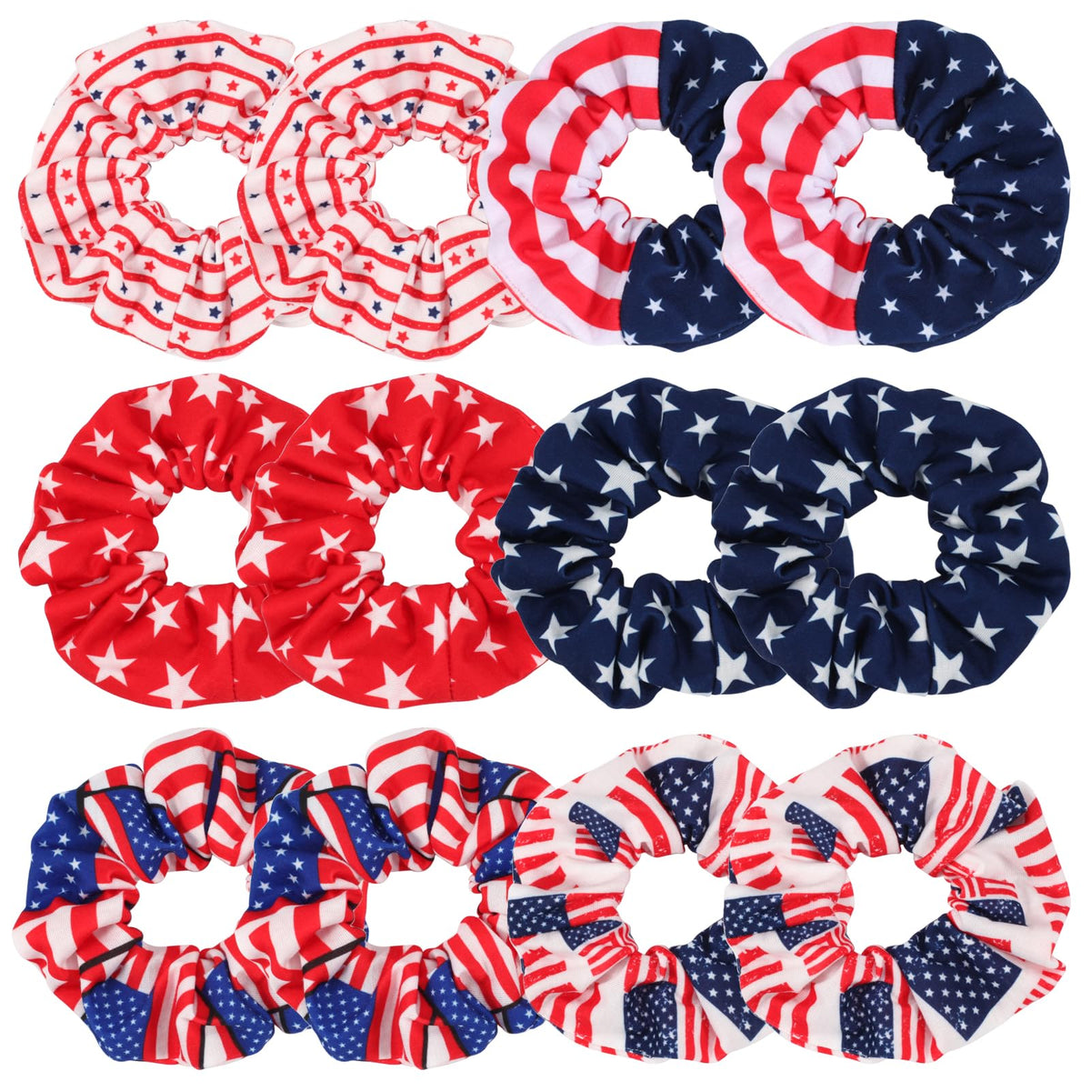 Twinfree front display of 12 patriotic scrunchies showing variety and convenience