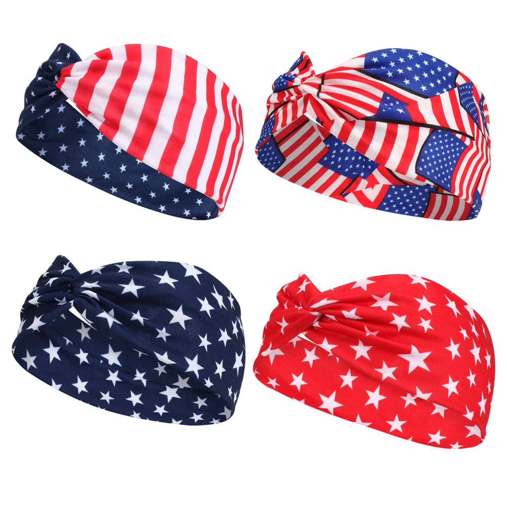 Twinfree headbands front packaging showing four patriotic designs and quick wear benefit