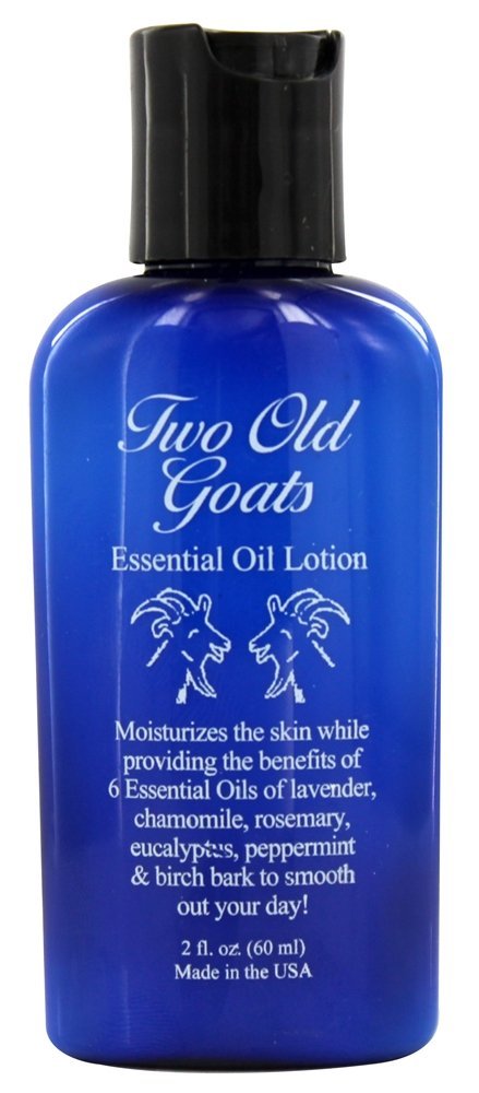 Two Old Goats lotion front packaging showing 2 oz bottle and clean label, travel-friendly benefit
