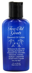 Two Old Goats lotion front packaging showing 2 oz bottle and clean label, travel-friendly benefit