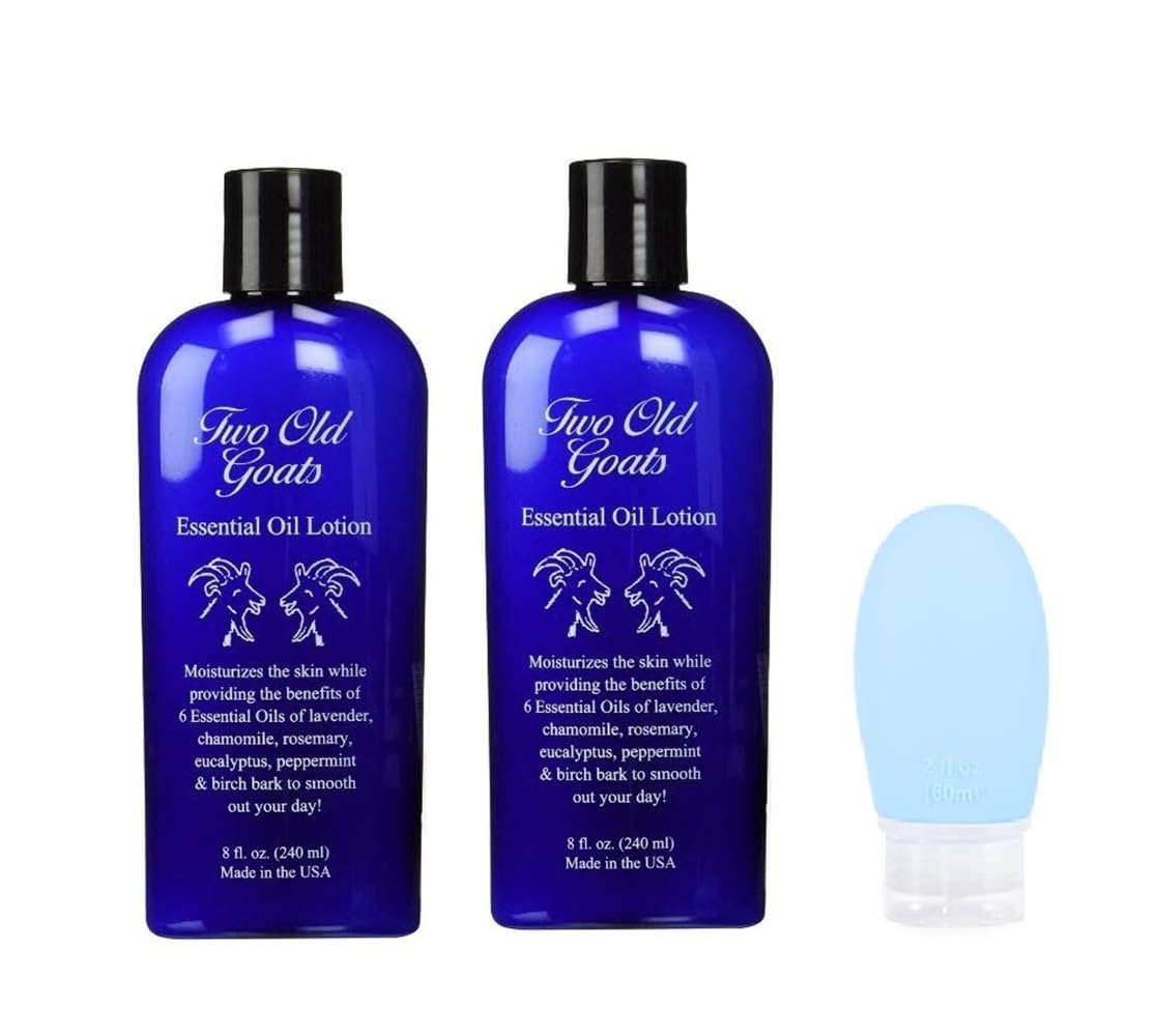 Two Old Goats front view of two 8oz bottles with travel pump showing portability benefit