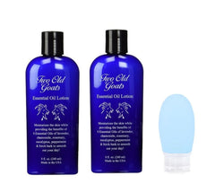 Two Old Goats front view of two 8oz bottles with travel pump showing portability benefit