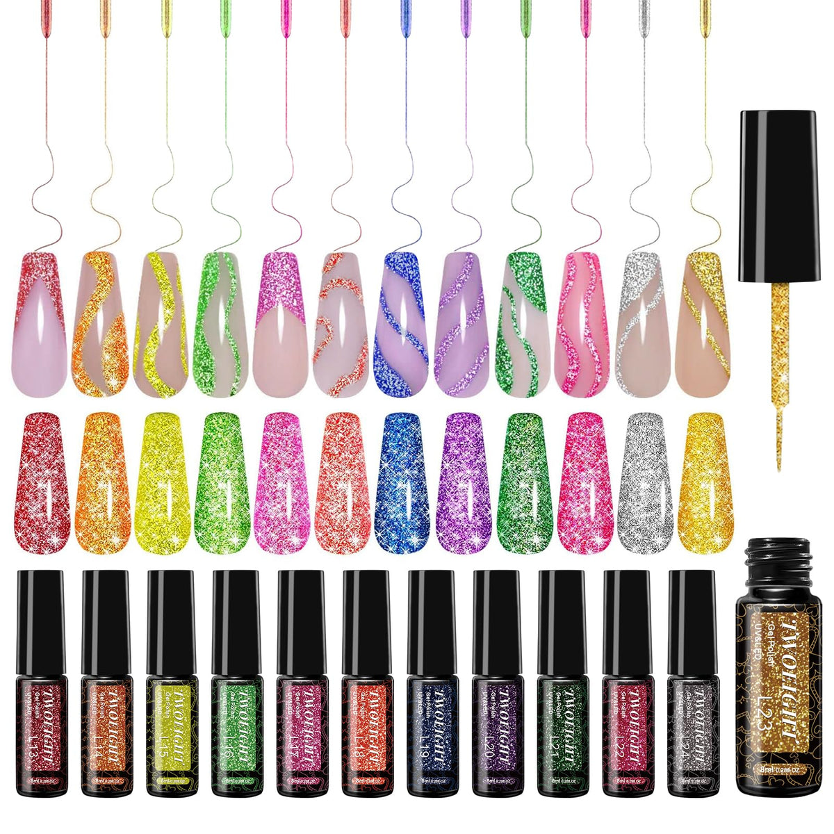 TWOEIGHT front packaging of 12-color reflective gel kit showing vibrant shades and gift box benefit
