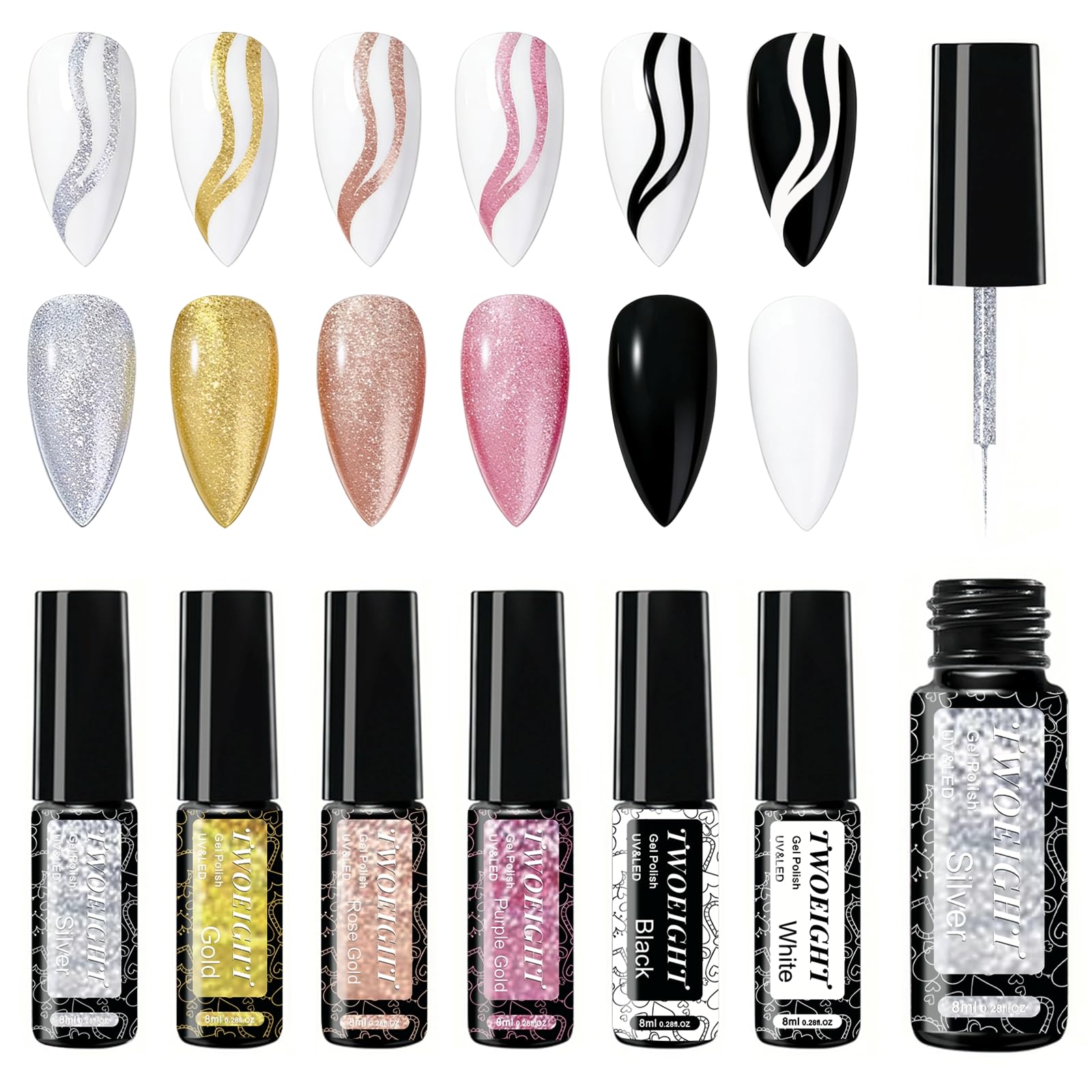 TWOEIGHT front packaging showing six metallic gel liner bottles for crisp nail art