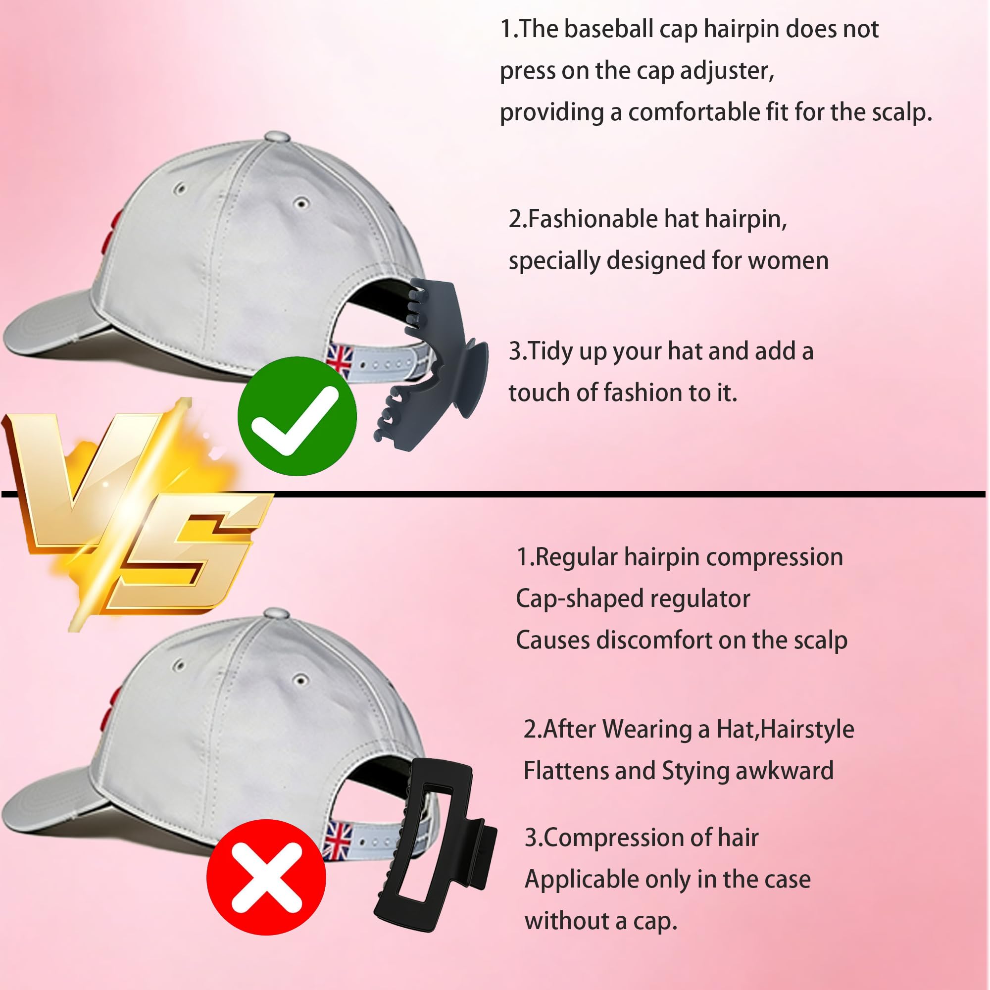 Twoheadpig clip attached to baseball cap in hair demonstrating hat friendly styling
